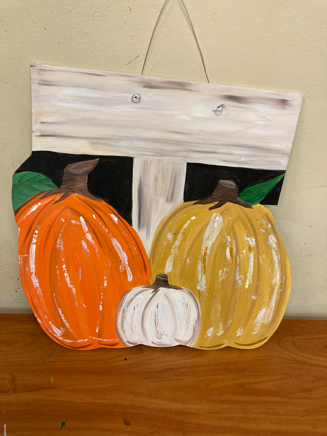 Three Pumpkins With Sign Wood Door Hanger